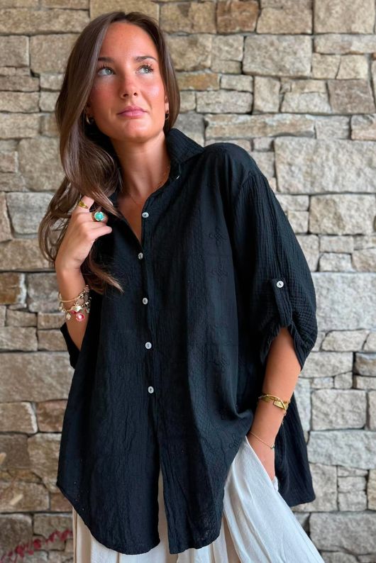 Pia Pillow Cotton Embroidered Tile Classic Shirt Black